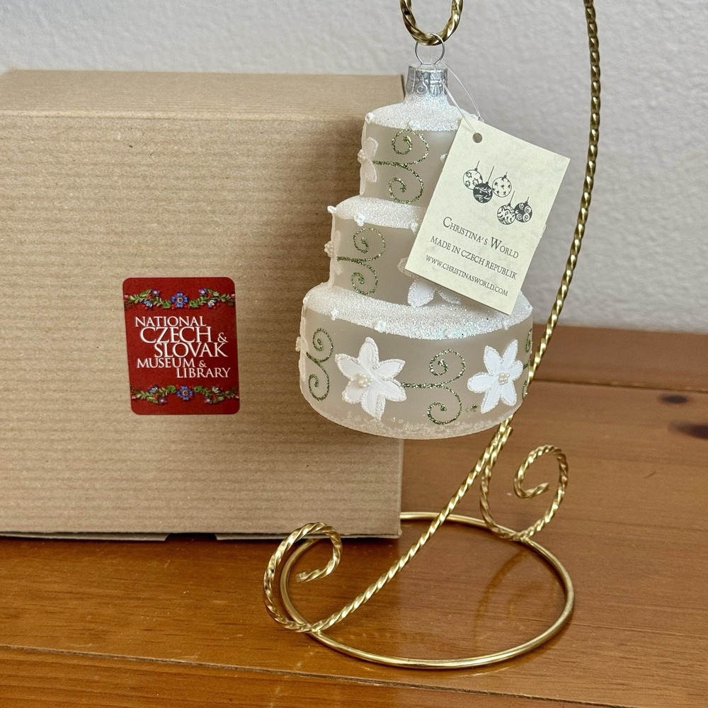 NIB Vtg Christina's World Mouth Blown Glass Wedding Cake Ornament Czech Republic